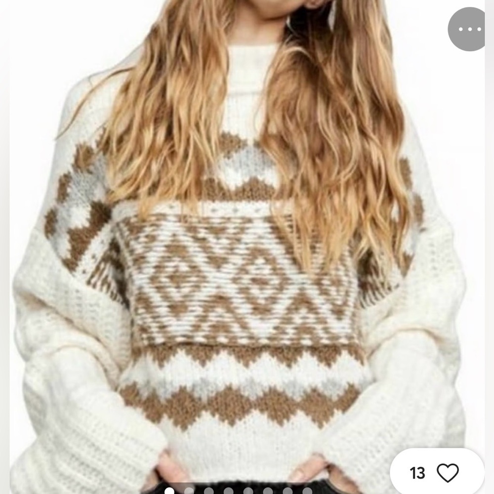 FP Cozy Knit Patterned cropped cowl neck Sweater - Cream and Brown size medium